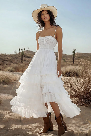 A Line Ivory Spaghetti Straps Tiered Engagement Dress
